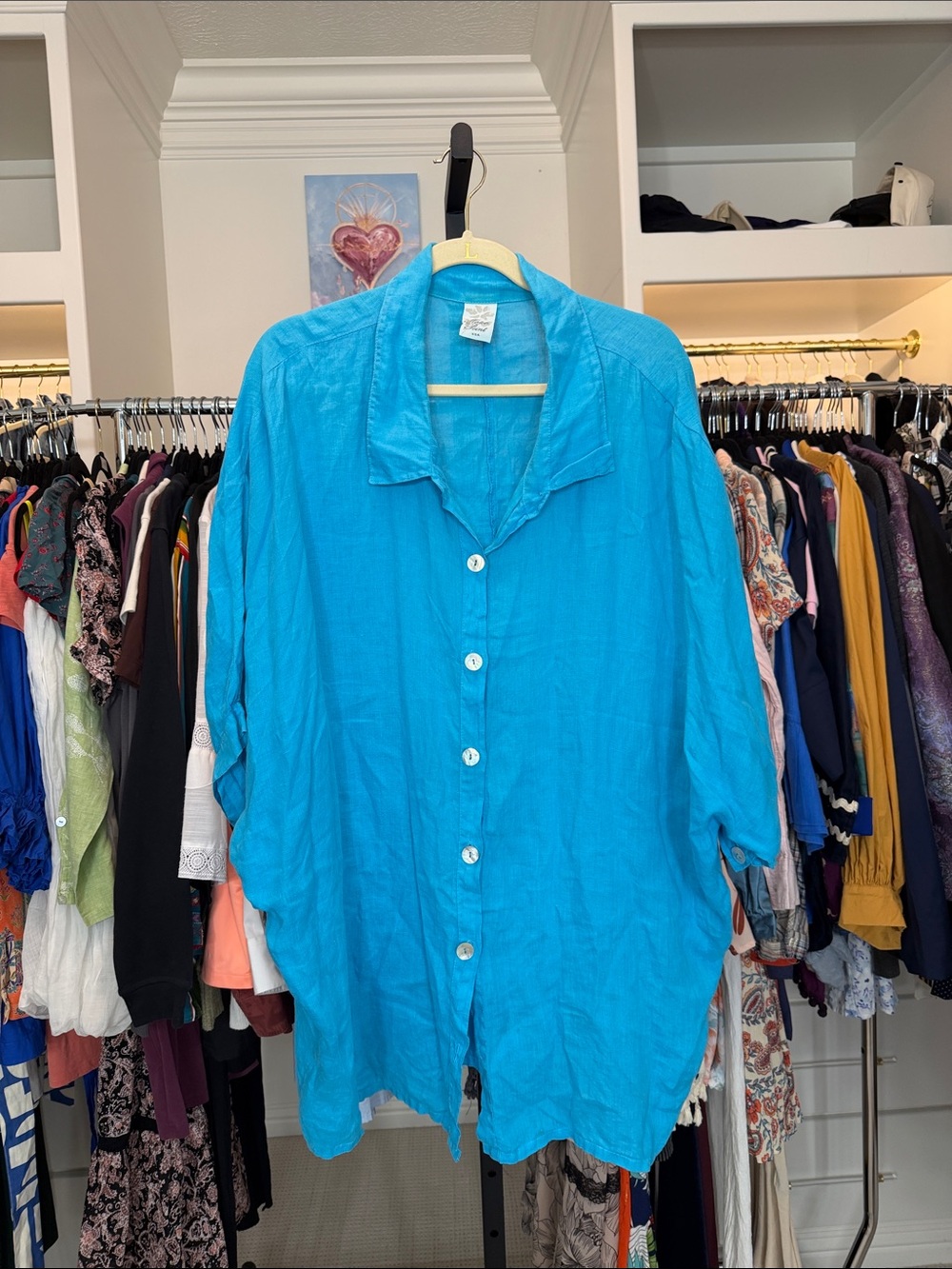 100% linen blue match point USA button town tunic top size large